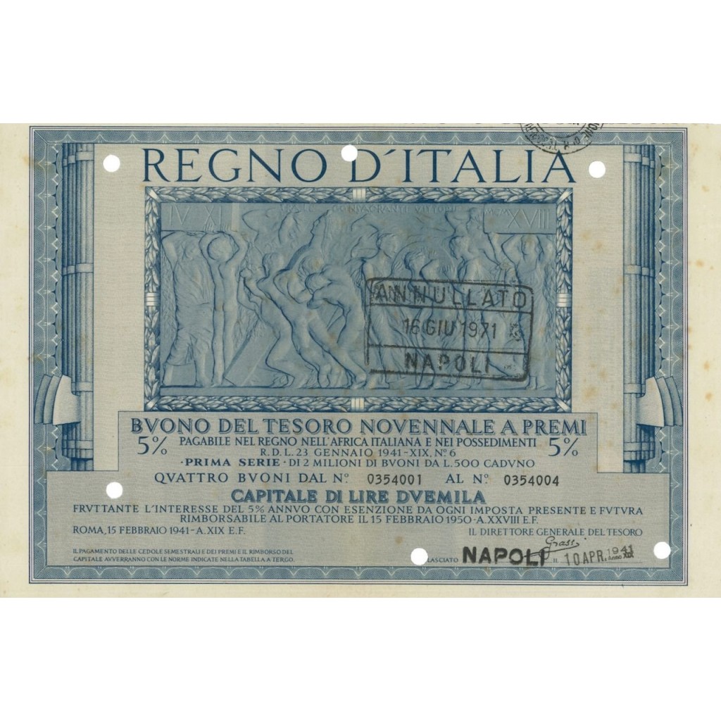 BUONO DEL TESORO NOVENNALE - PRIMA SERIE NAPOLI 1941