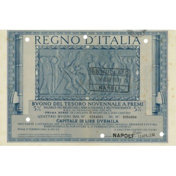 BUONO DEL TESORO NOVENNALE - PRIMA SERIE NAPOLI 1941
