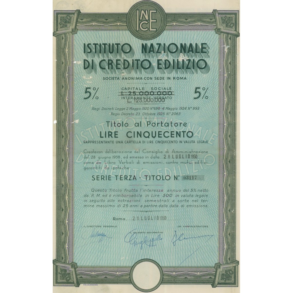 ISTITUTO NAZ. DI CREDITO EDILIZIO - TITOLO AL PORTATORE 5% ROMA 1950