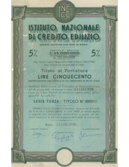 ISTITUTO NAZ. DI CREDITO EDILIZIO - TITOLO AL PORTATORE 5% ROMA 1950