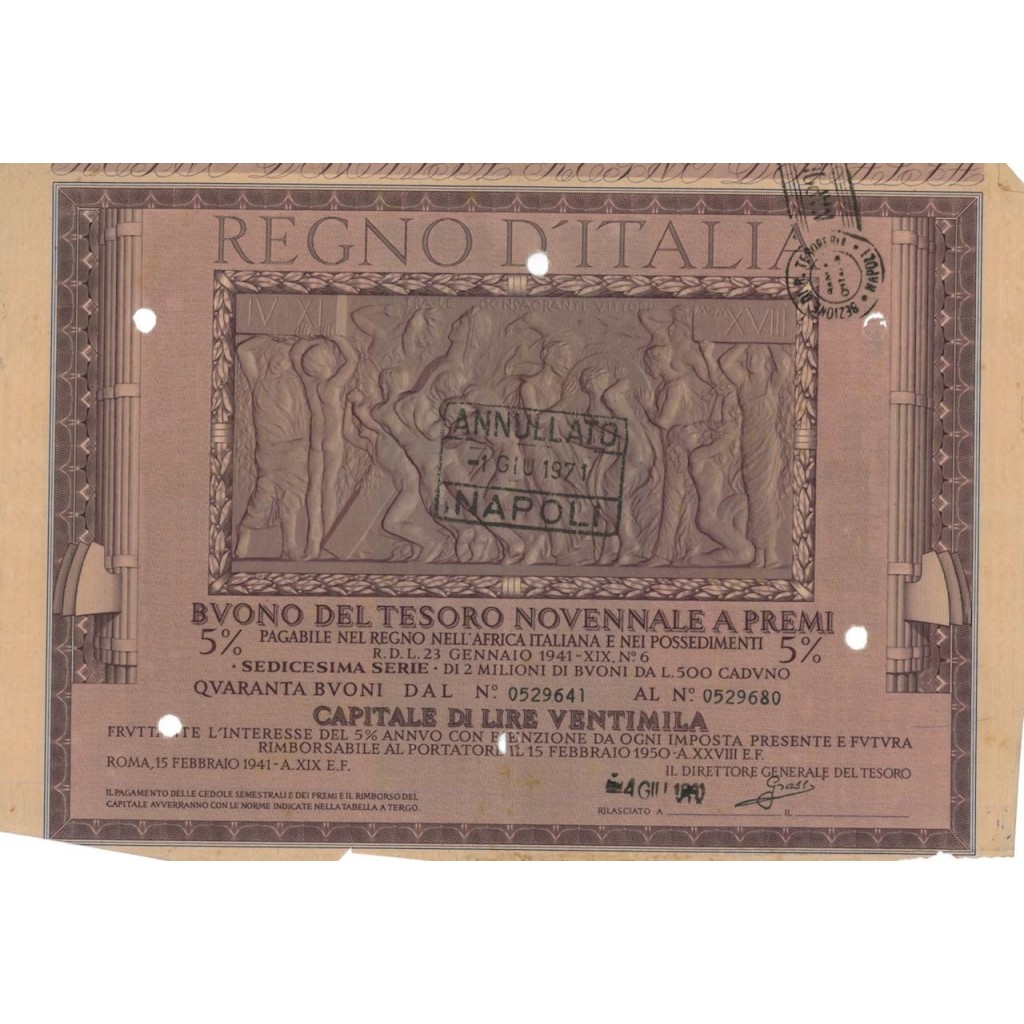 BUONO DEL TESORO NOVENNALE - 16MA SERIE ROMA 1941