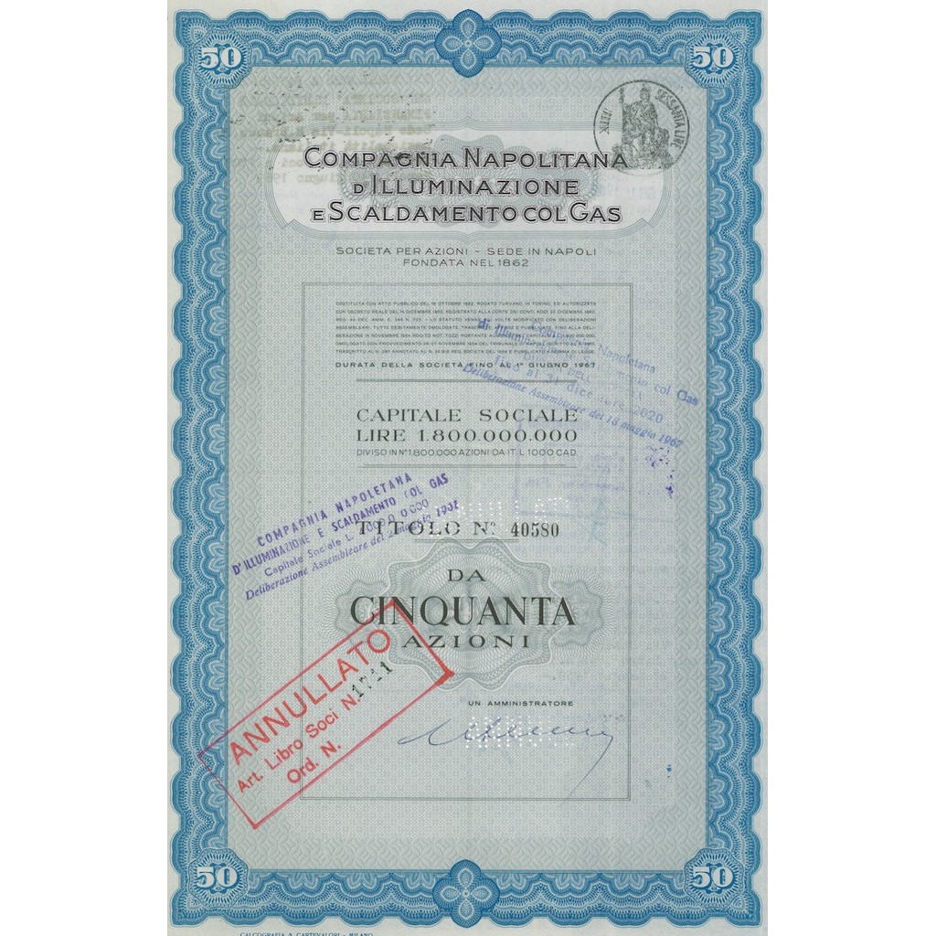 COMPAGNIA NAPOLITANA D' ILLUMINAZIONE E SCALDAMENTO COL GAS - Titolo di cinquanta azioni