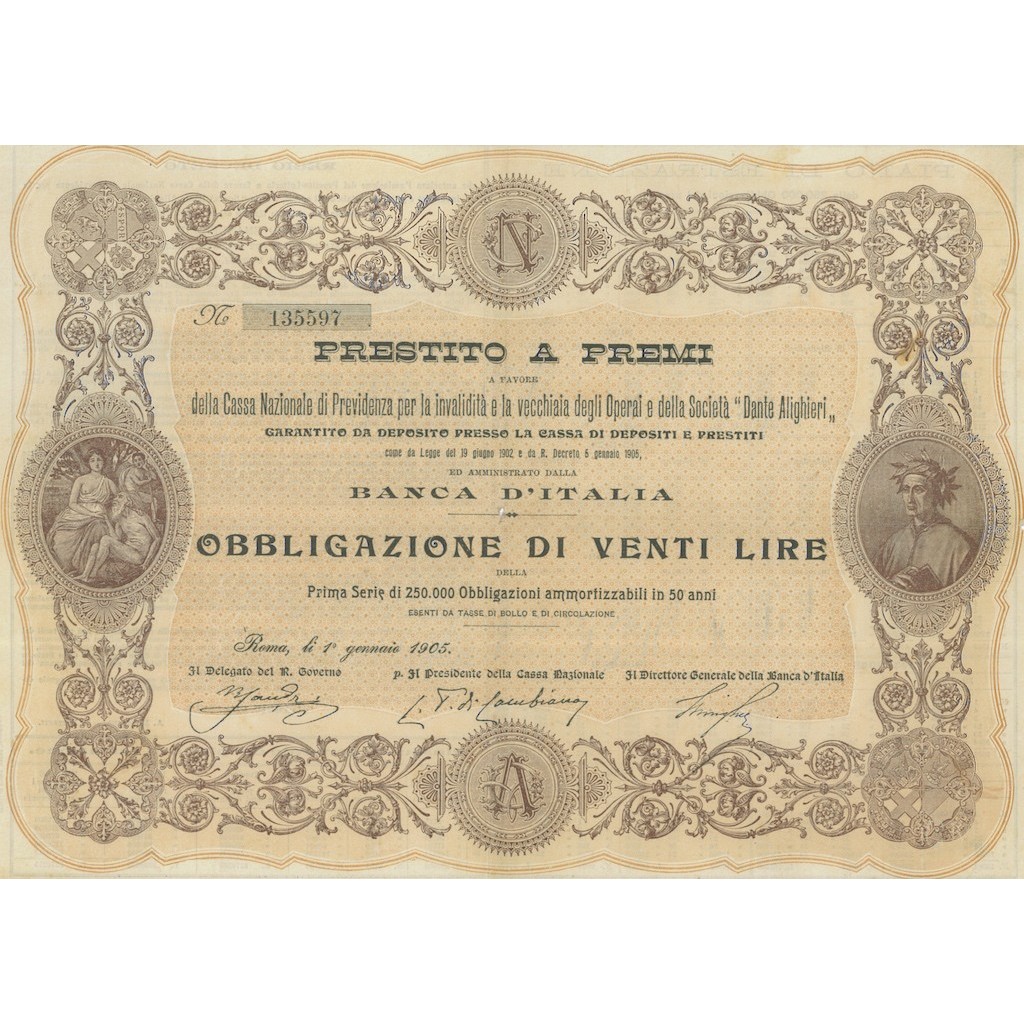 PRESTITO CASSA NAZ. INVALIDITA' E VECCHIAIA OPERAIDANTE ALIGHIERI 1 OBBL. - ROMA 1905