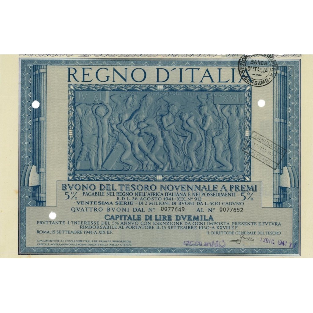 BUONO DEL TESORO NOVENNALE - 20ESIMA SERIE BERGAMO 1941