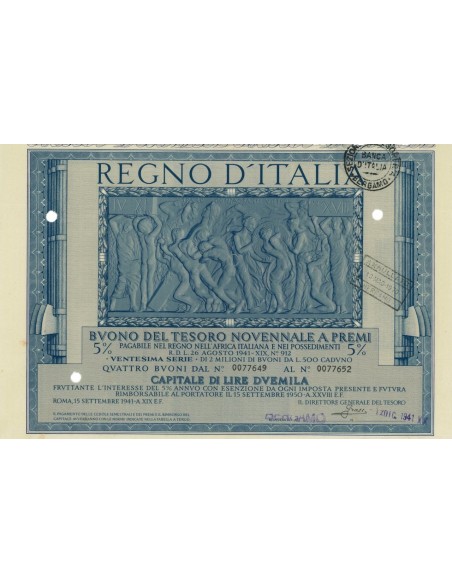 BUONO DEL TESORO NOVENNALE - 20ESIMA SERIE BERGAMO 1941