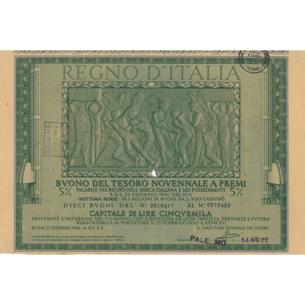 BUONO DEL TESORO NOVENNALE - SETTIMA SERIE PALERMO 1941