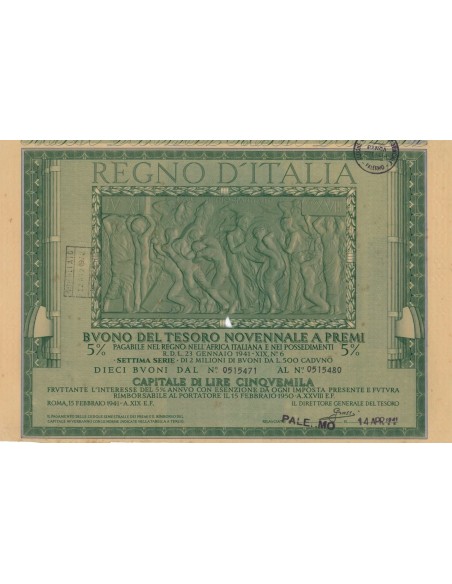 BUONO DEL TESORO NOVENNALE - SETTIMA SERIE PALERMO 1941