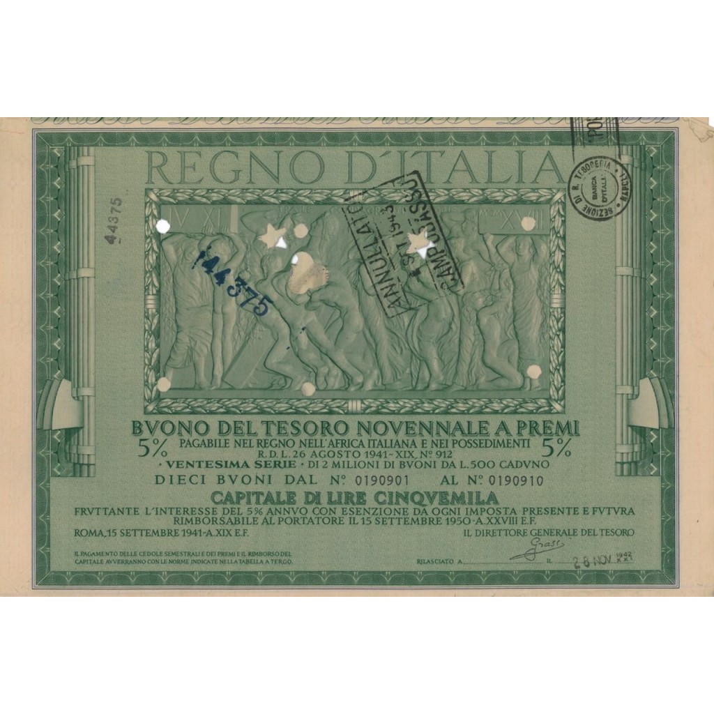BUONO DEL TESORO NOVENNALE - VENTESIMA SERIE ROMA 1942