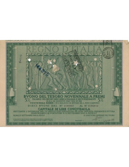 BUONO DEL TESORO NOVENNALE - VENTESIMA SERIE ROMA 1942
