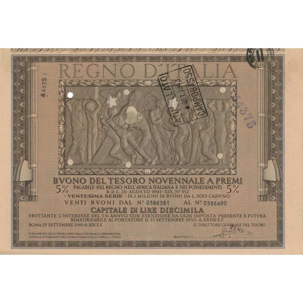 BUONO DEL TESORO NOVENNALE - 20ESIMA SERIE ROMA 1942