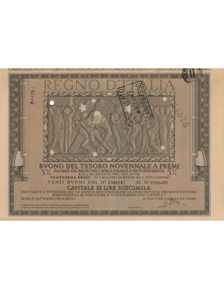 BUONO DEL TESORO NOVENNALE - 20ESIMA SERIE ROMA 1942