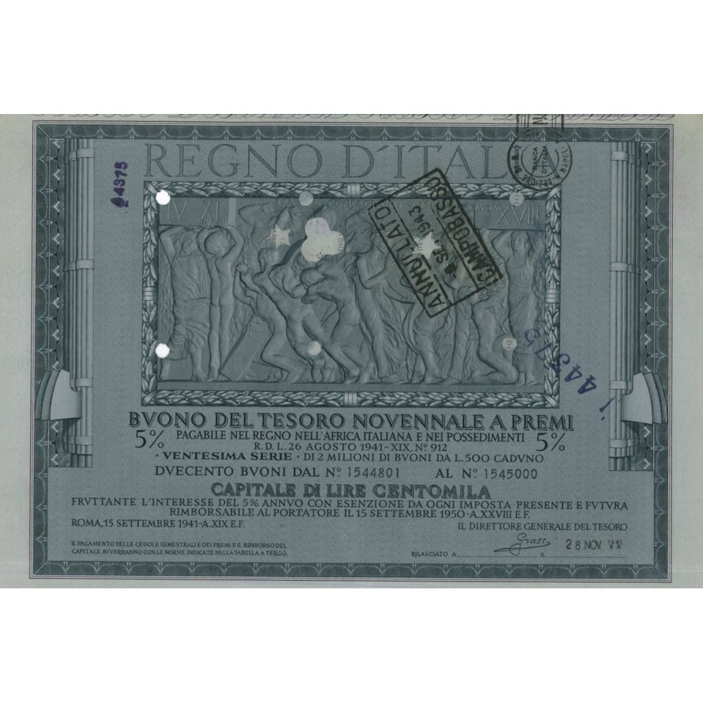 BUONO DEL TESORO NOVENNALE - 20ESIMA SERIE ROMA 1941