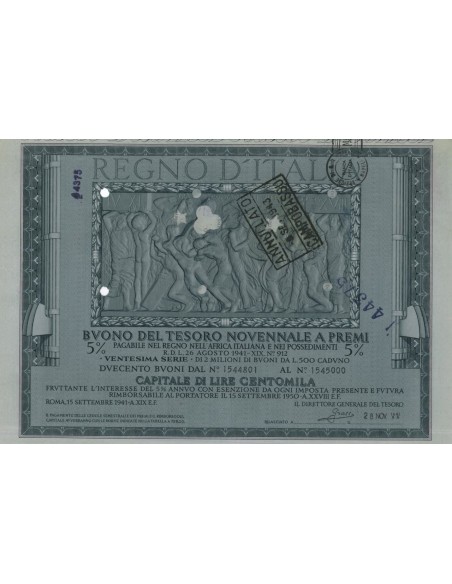 BUONO DEL TESORO NOVENNALE - 20ESIMA SERIE ROMA 1941