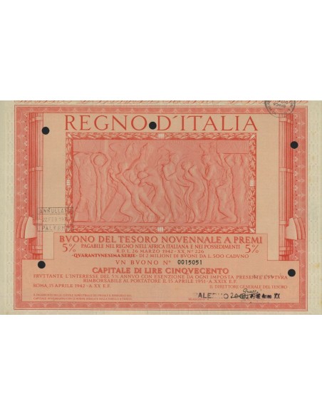 BUONO DEL TESORO NOVENNALE - 41ESIMA SERIE PALERMO 1942