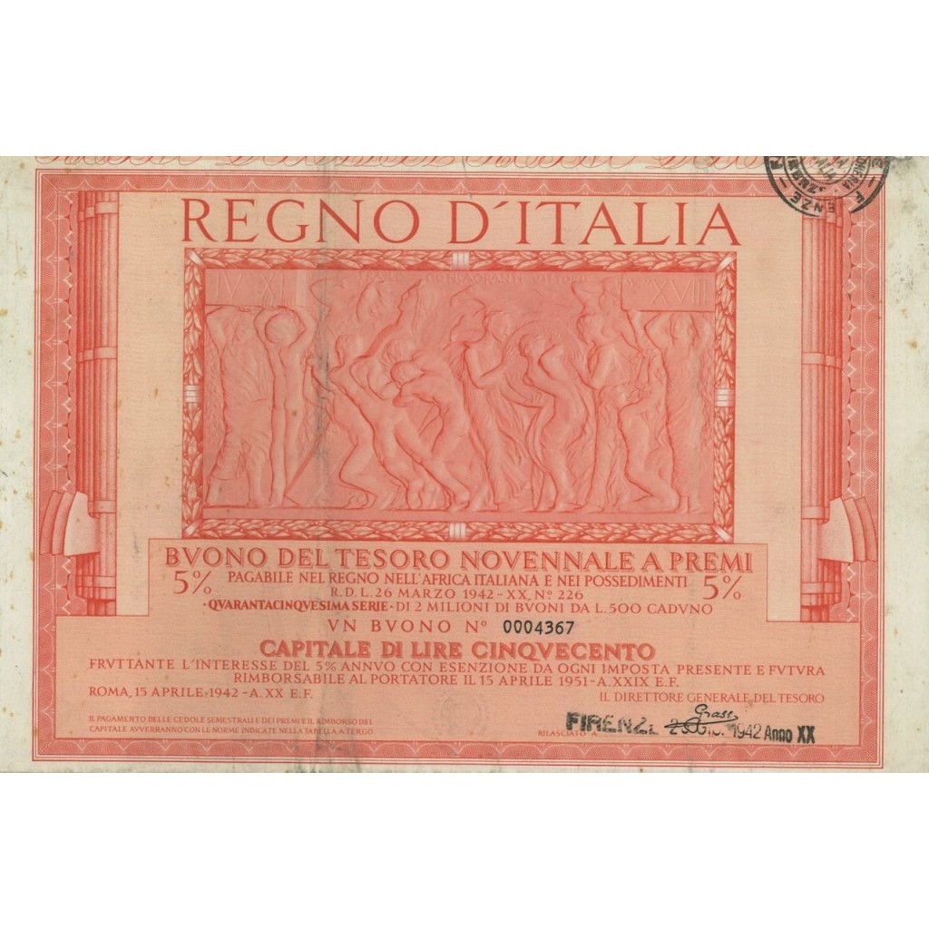 BUONO DEL TESORO NOVENNALE - 45ESIMA SERIE FIRENZE 1942