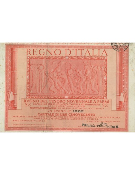 BUONO DEL TESORO NOVENNALE - 45ESIMA SERIE FIRENZE 1942