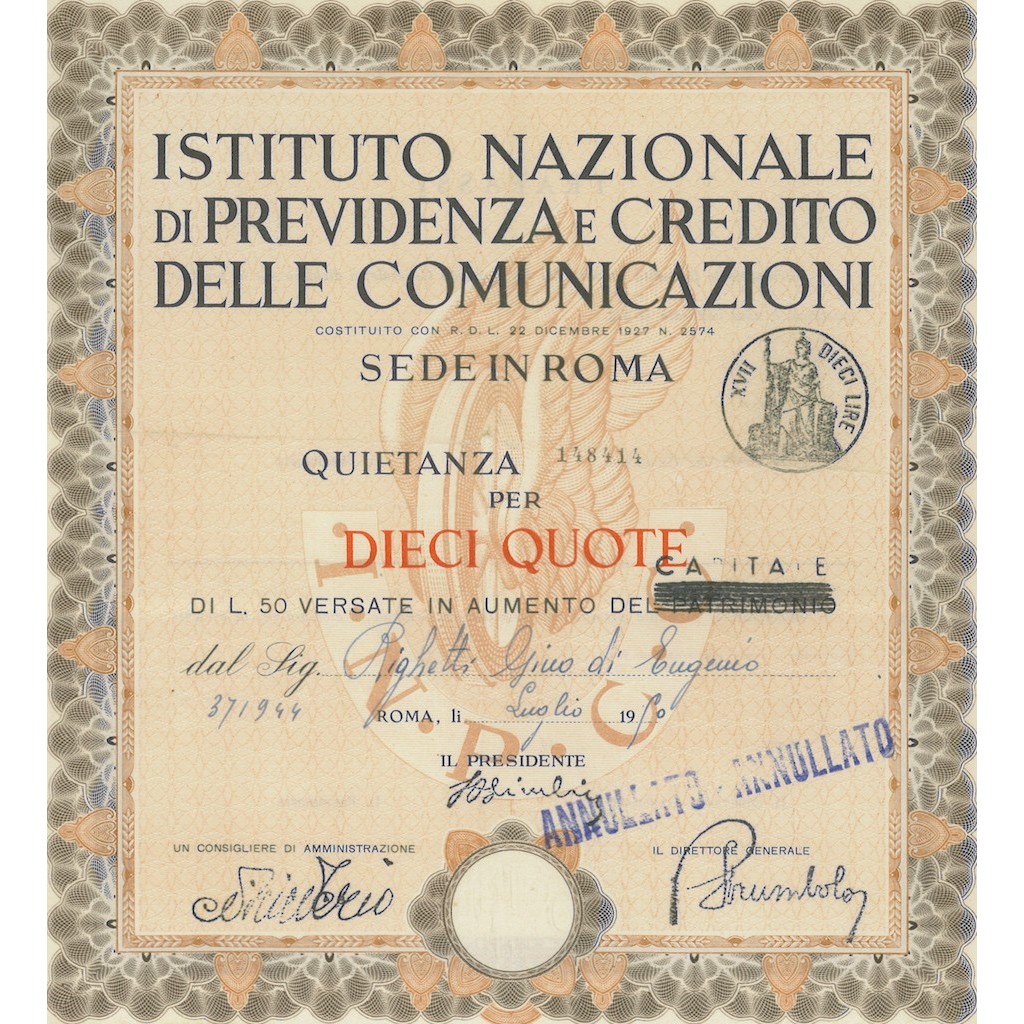 IST. NAZ. DI PREVIDENZA E CREDITO DELLE COMUNICAZIONI 10 QUOTE- ROMA 1950