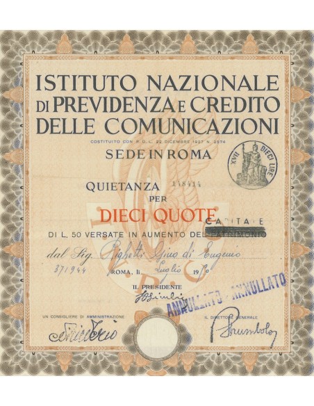 IST. NAZ. DI PREVIDENZA E CREDITO DELLE COMUNICAZIONI 10 QUOTE- ROMA 1950