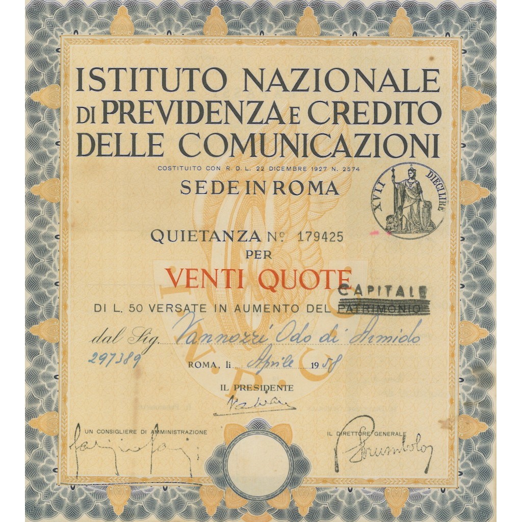 IST. NAZ. DI PREVIDENZA E CREDITO DELLE COMUNICAZIONI 20 QUOTE- ROMA 1958