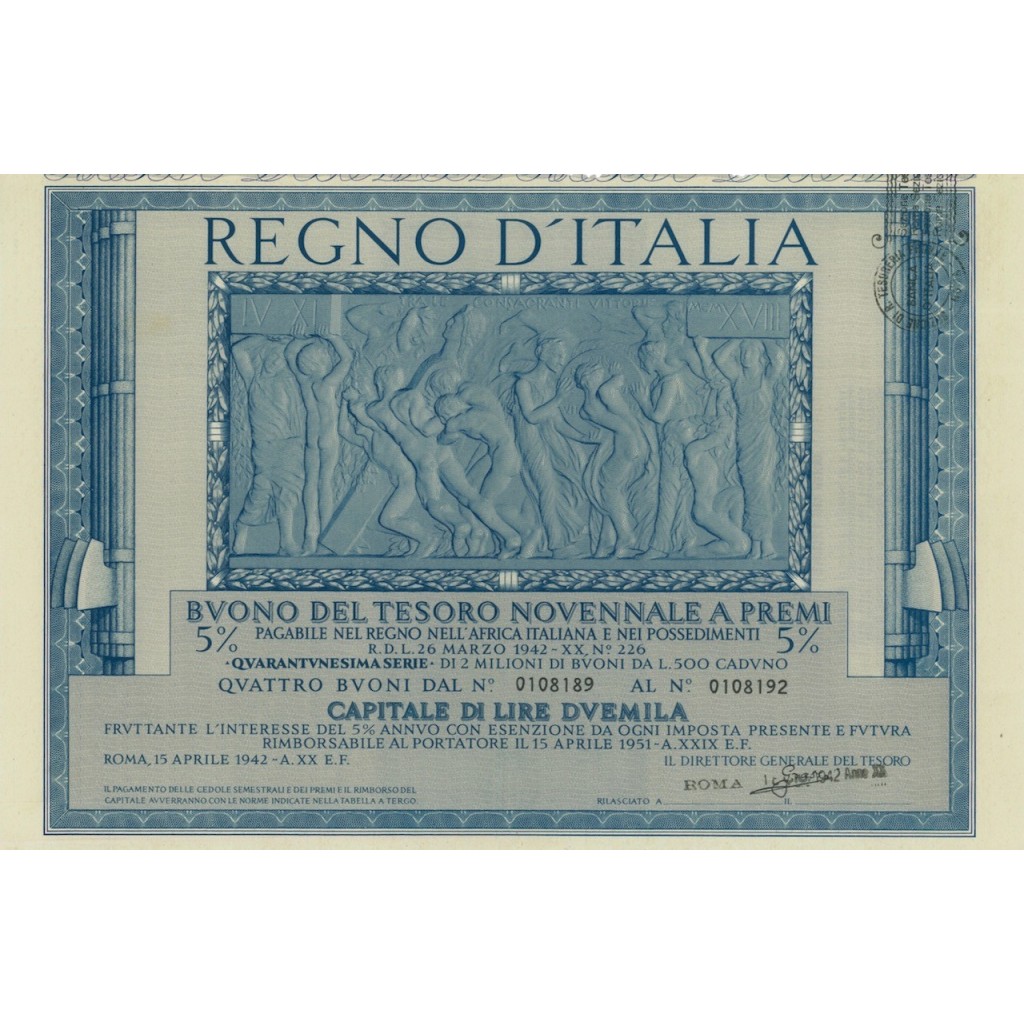 BUONO DEL TESORO NOVENNALE - 41ESIMA SERIE ROMA 1942