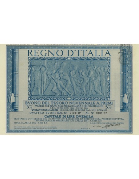BUONO DEL TESORO NOVENNALE - 41ESIMA SERIE ROMA 1942