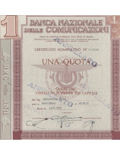 BANCA NAZIONALE DELLE COMUNICAZIONI - CERT. NOMINATIVO 1 QUOTA - ROMA 1975