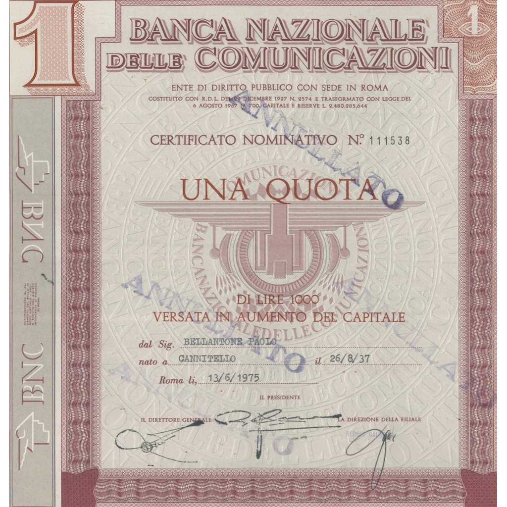 BANCA NAZIONALE DELLE COMUNICAZIONI - CERT. NOMINATIVO 1 QUOTA - ROMA 1975