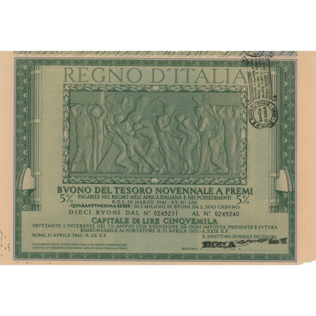 BUONO DEL TESORO NOVENNALE - 41ESIMA SERIE ROMA 1942