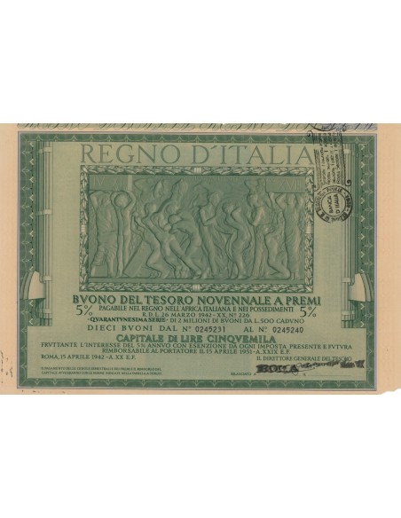 BUONO DEL TESORO NOVENNALE - 41ESIMA SERIE ROMA 1942