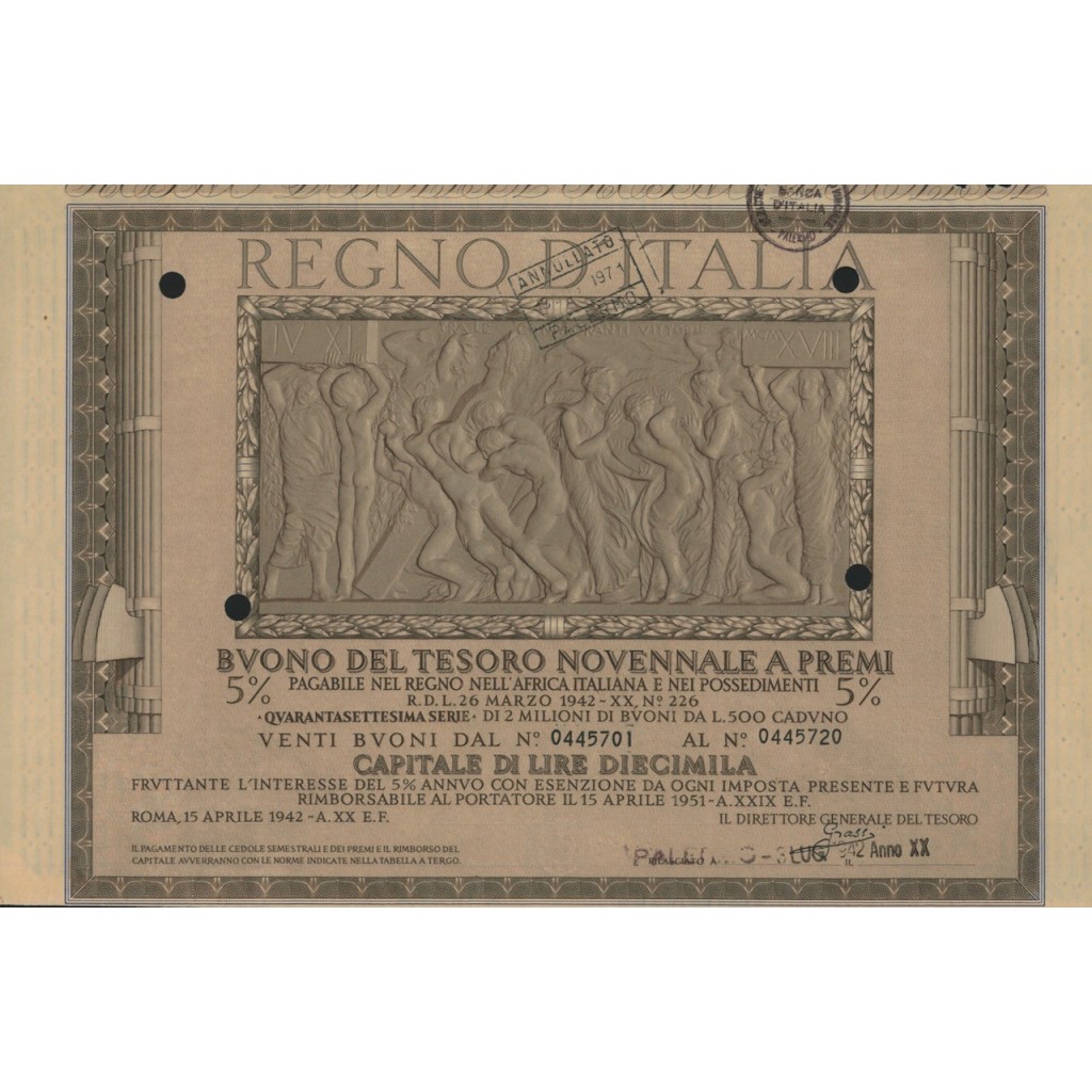 BUONO DEL TESORO NOVENNALE - 47ESIMA SERIE PALERMO 1942