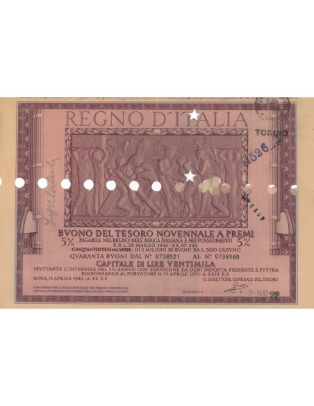 BUONO DEL TESORO NOVENNALE - 58ESIMA SERIE ROMA 1942