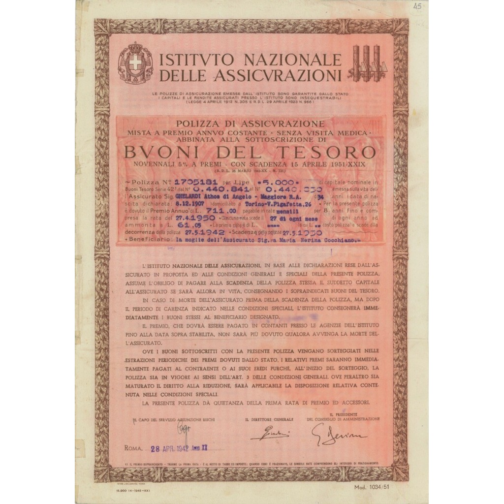BTP NOVENNALE POLIZZA DI ASSICURAZIONE - ROMA 1942
