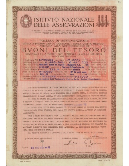BTP NOVENNALE POLIZZA DI ASSICURAZIONE - ROMA 1942