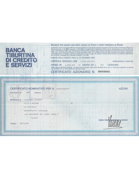 BANCA TIBURTINA DI CREDITO E SERVIZI TIVOLI 120 AZIONI 1982