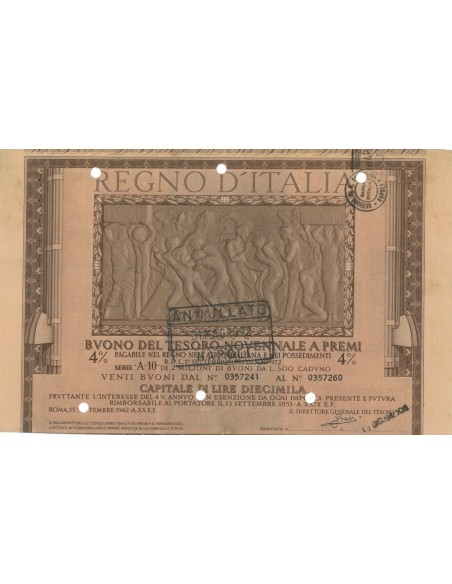 BUONO DEL TESORO NOVENNALE - SERIE A10 ROMA 1942