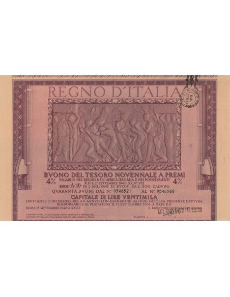 BUONO DEL TESORO NOVENNALE - SERIE A10 MILANO 1942