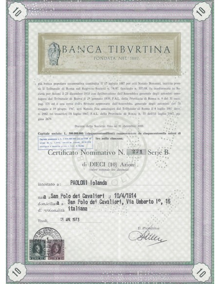 BANCA TIBURTINA 10 AZIONI TIVOLI 1973