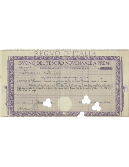 BUONO DEL TESORO NOVENNALE - SERIE A8 ROMA 1950
