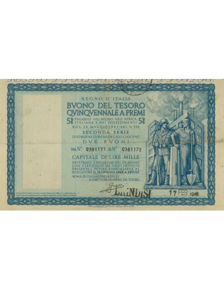 BUONO DEL TESORO QUINQUENNALE - SERIE SECONDA BRINDISI 1943