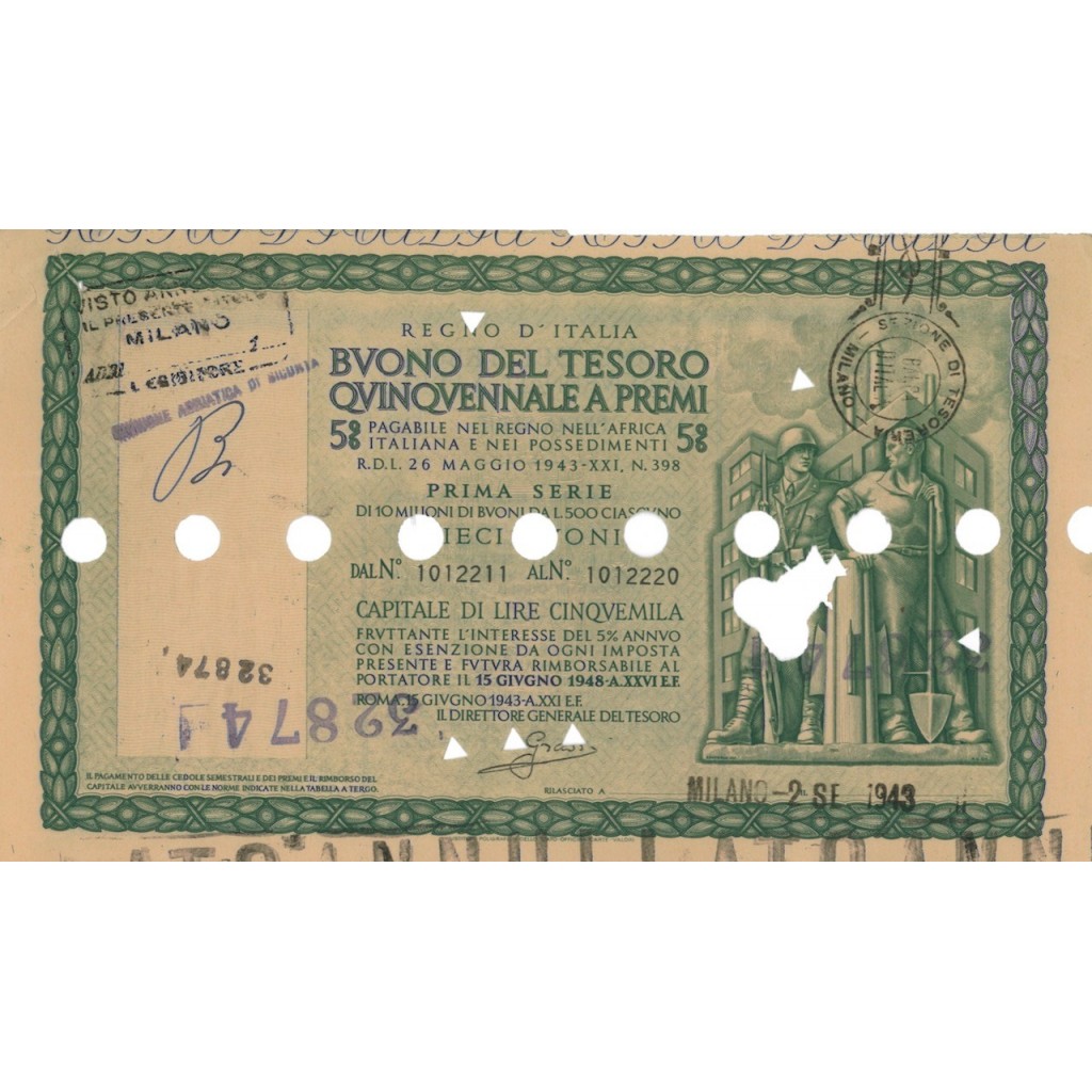 BUONO DEL TESORO QUINQUENNALE - SERIE PRIMA MILANO 1943