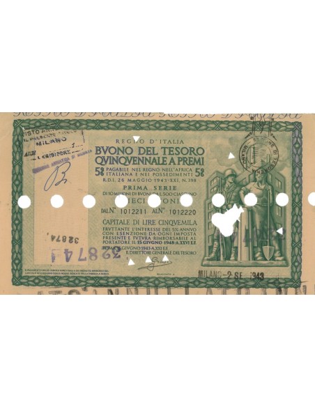 BUONO DEL TESORO QUINQUENNALE - SERIE PRIMA MILANO 1943