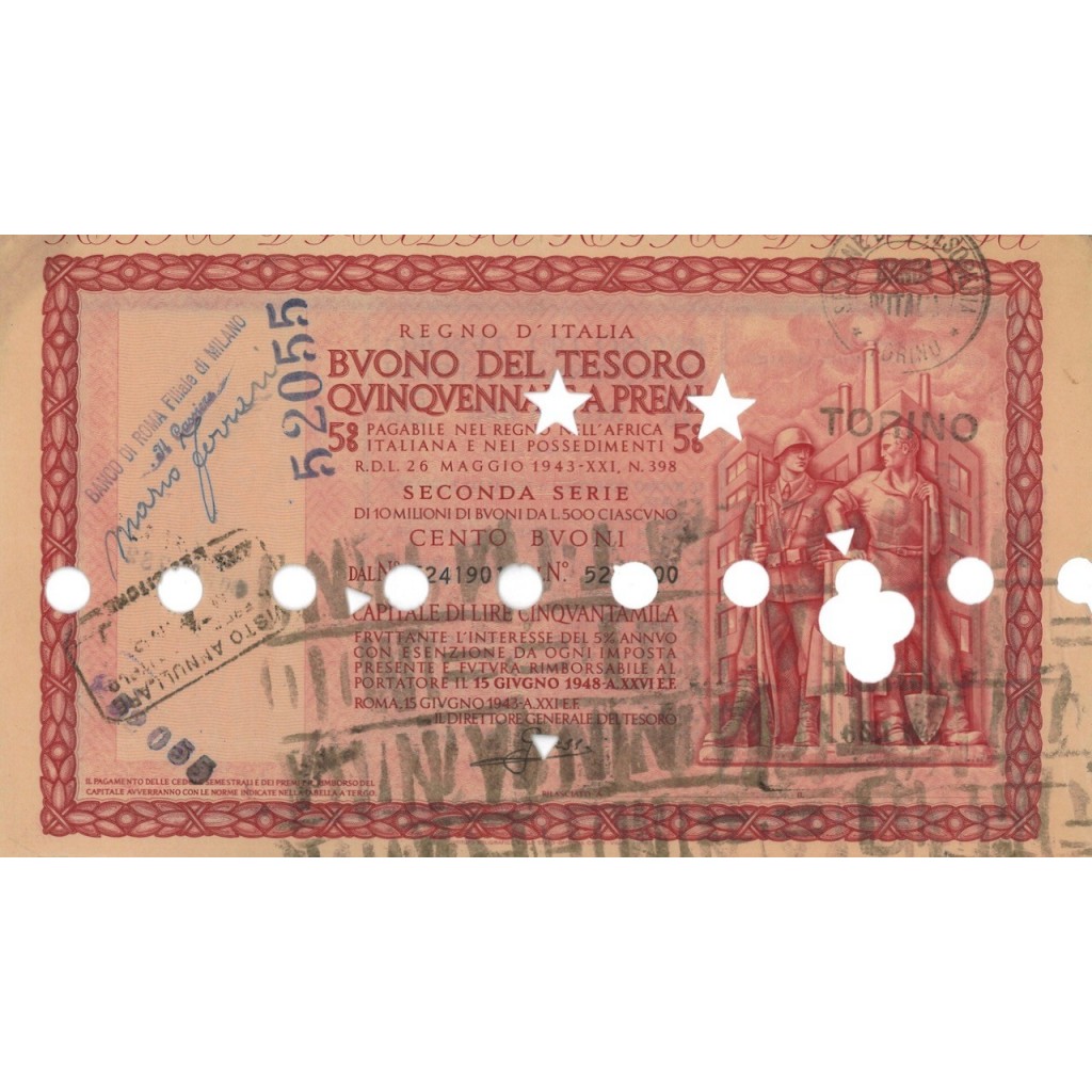 BUONO DEL TESORO QUINQUENNALE - SERIE SECONDA ROMA 1943