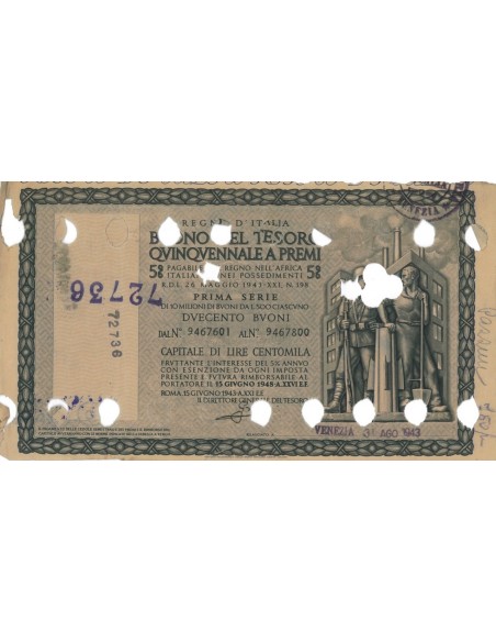 BUONO DEL TESORO QUINQUENNALE - SERIE PRIMA VENEZIA 1943