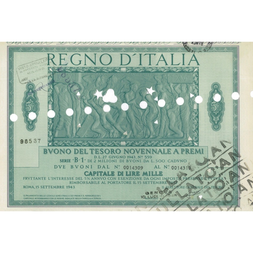 BUONO DEL TESORO NOVENNALE - SERIE B1 GENOVA 1946