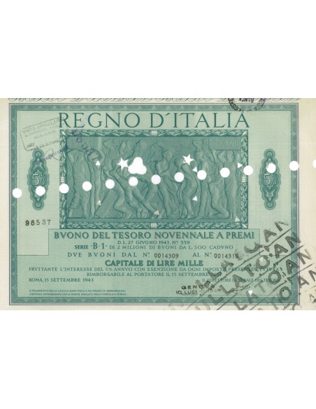 BUONO DEL TESORO NOVENNALE - SERIE B1 GENOVA 1946