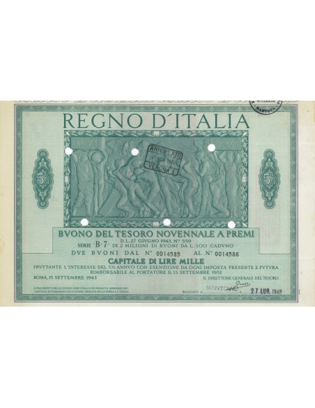 BUONO DEL TESORO NOVENNALE - SERIE B7 MANTOVA 1946