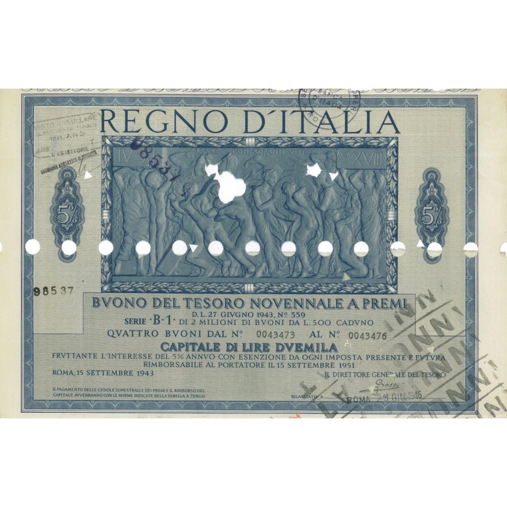 BUONO DEL TESORO NOVENNALE - SERIE B1 ROMA 1946