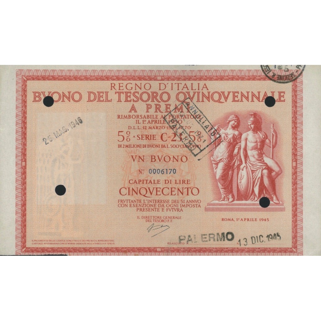 BUONO DEL TESORO QUINQUENNALE - SERIE C23 PALERMO 1945