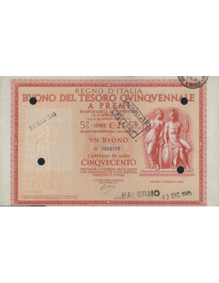 BUONO DEL TESORO QUINQUENNALE - SERIE C23 PALERMO 1945
