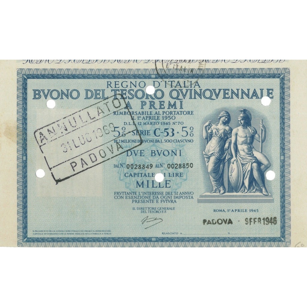 1946 BUONO DEL TESORO QUINQUENNALE SERIE C53 PADOVA